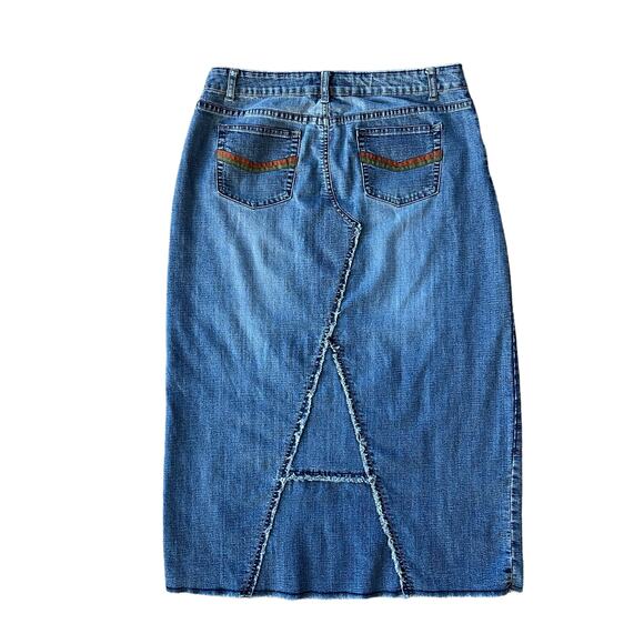 Vintage Denim Maxi Skirt Baccini Womens 12 Distressed Boho Festival 90s Y2K - Picture 2 of 13